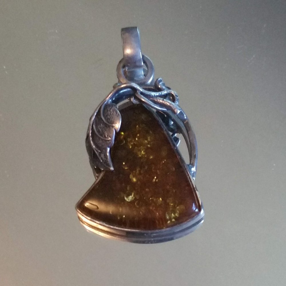 Vintage Sterling Silver and Baltic amber pendant Artisan Hand Made